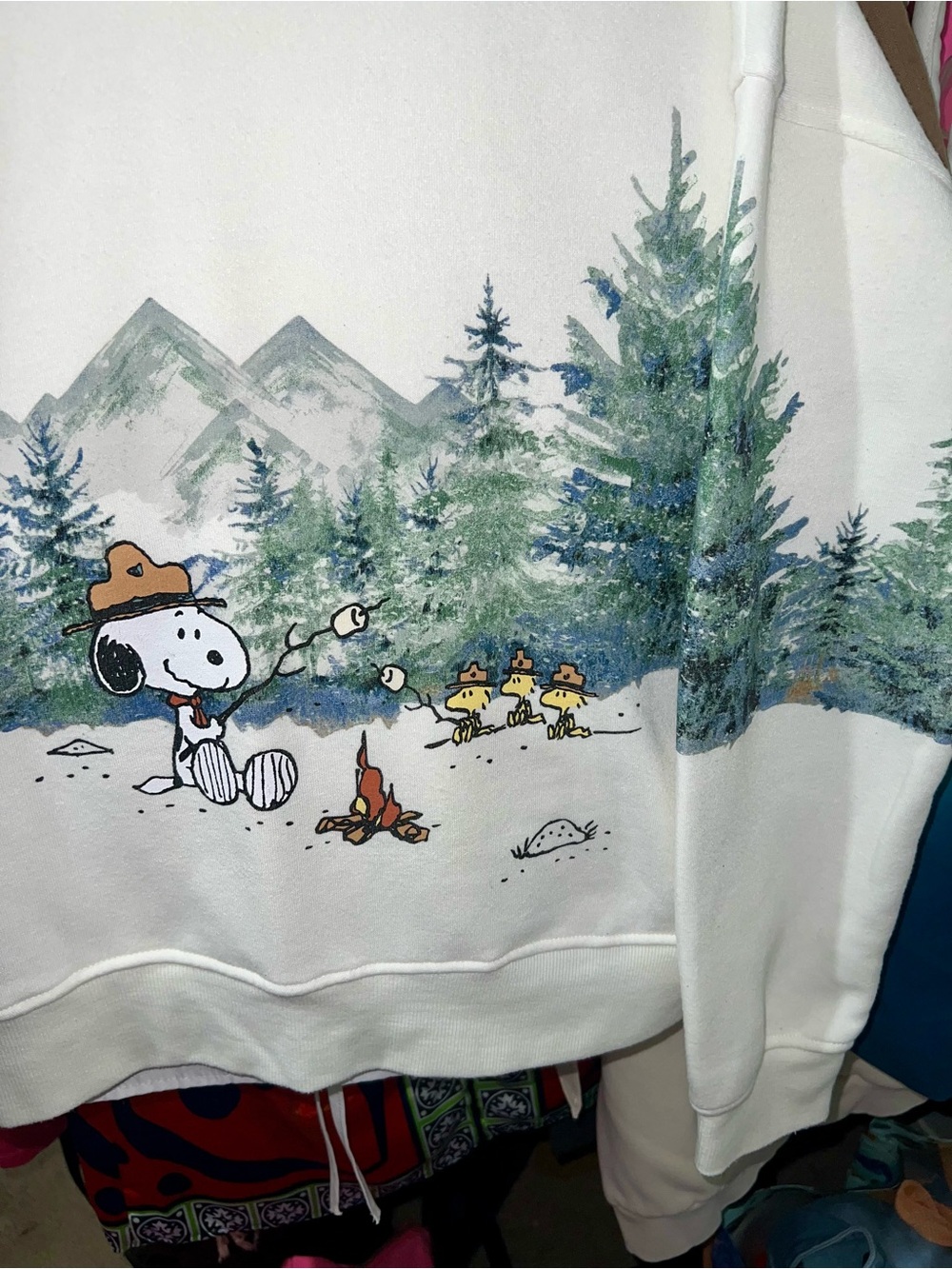 Peanuts 🥜 Cream Scenic Snoopy Crewneck Sweater with Forest Graphic - Picture 10 of 15